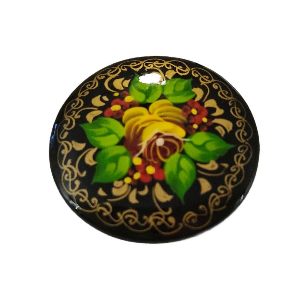 Vintage Russian Brooch Black Lacquered Flowers with Gold Gilt Pin Signed